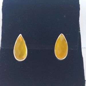 Golden Lemon Yellow Teardrop Quartz Silver Stud Earrings